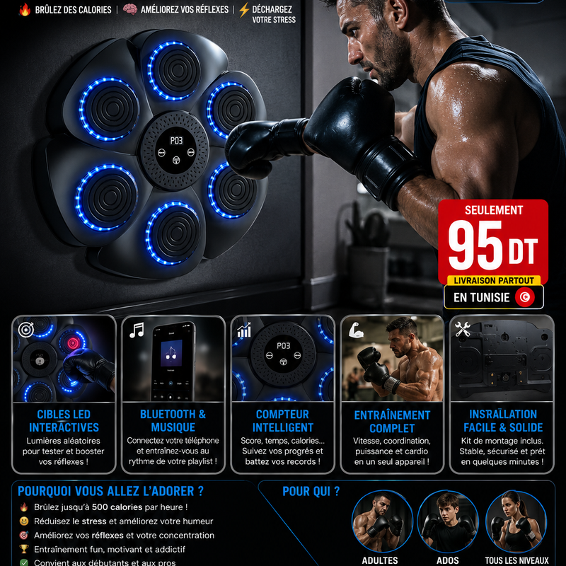 Machine de Boxe Murale Intelligente LED 🥊🔥 (Bluetooth, Entraînement Interactif & Compteur de Score)