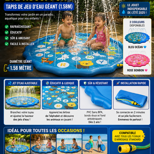 Tapis de Jeu d'Eau & Fontaine Gonflable 1.58m ☀️🌊 (Spécial Été Enfants)