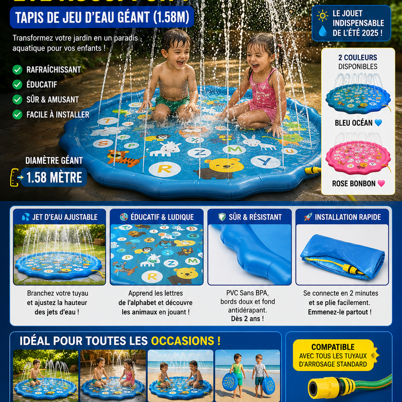Tapis de Jeu d'Eau & Fontaine Gonflable 1.58m ☀️🌊 (Spécial Été Enfants)